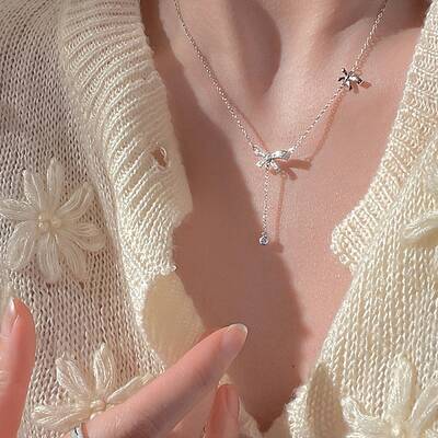 Brass Micro Pave Clear Cubic Zirconia Bowknot Pendant Necklaces