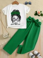 Two-piece Set Girl's Print Tee Top & Belted Straight Leg Pants Set, Soft Round Neck Short Sleeve T-shirt & Elastic Waist Trou...