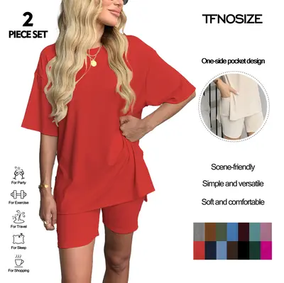 TFNOSIZE Women's Casual Wear Summer 2-Piece Suit Pajamas Loose Short-Sleeved Shorts with Hem Slits for Airport Travel Loungew...