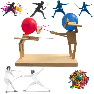 Wooden Balloon Bamboo Man Battle Game, Handmade Wooden Fencing Puppets with Random Color Balloon, Fast-paced Balloon Fight, ...