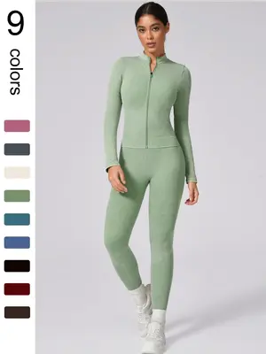 Women's Plain Tracksuit Set, Sports Zip Up Crop Jacket & High Waist Leggings, Ladies Spring & Fall Clothes, Gym Wear