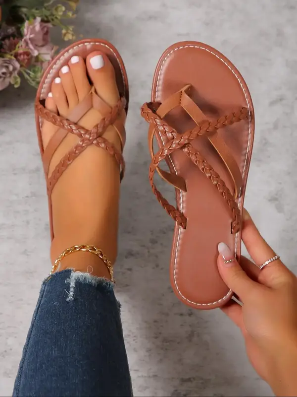 Fashionable Plain Criss Cross Braid Design Slip on Sandals for Women 2024, Summer Casual Summer Round Toe Flat Sandals, All-m...