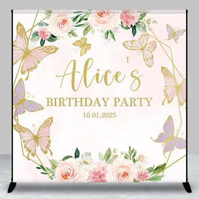 Custom Pink Floral Butterflies Birthday Backdrop - Aperturee