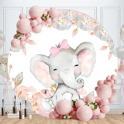 Aperturee Grey Elephant Round Pink Baby Shower Backdrop
