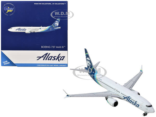 Boeing 737 MAX 8 Commercial Aircraft Alaska Airlines (N801AK) White with Blue Tail 1/400 Diecast Model Airplane by GeminiJets