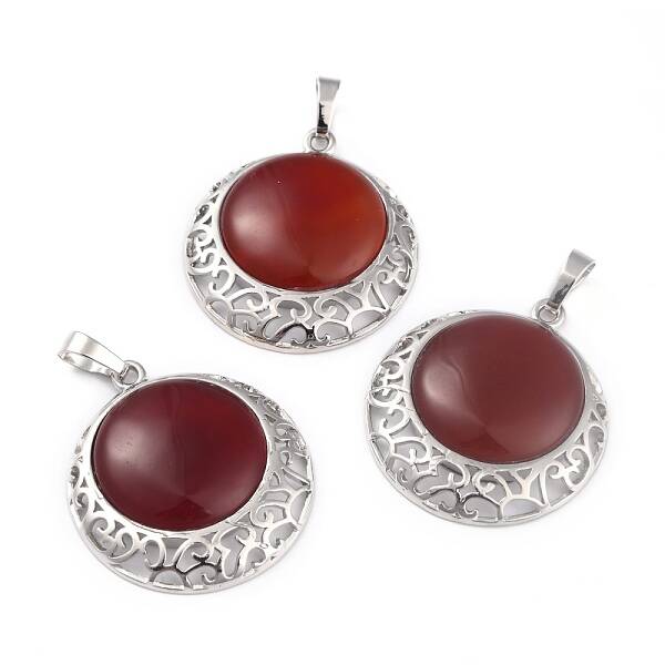 Natural Red Agate Pendants with Hollow Platinum Brass Findings