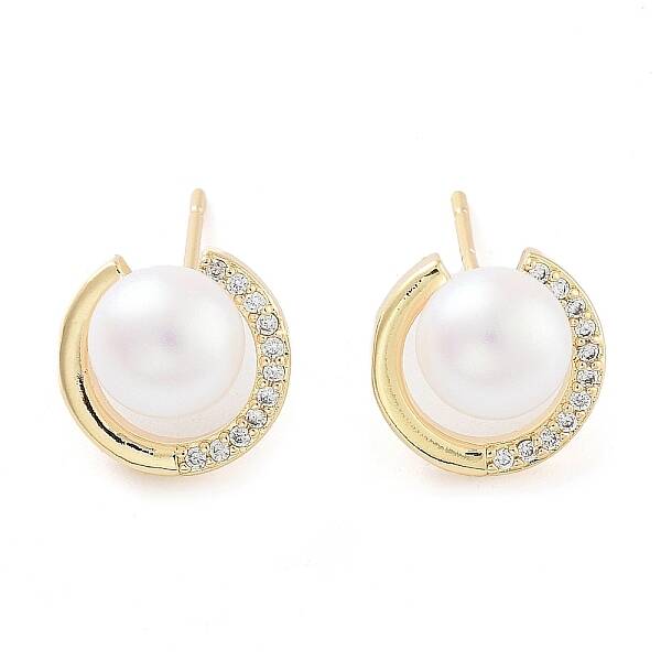 Flat Round Brass with Glass with Stud Earrings