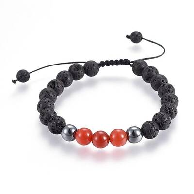 Natural Lava Rock and Non-Magnetic Synthetic Hematite Beads Braided Bead Bracelets