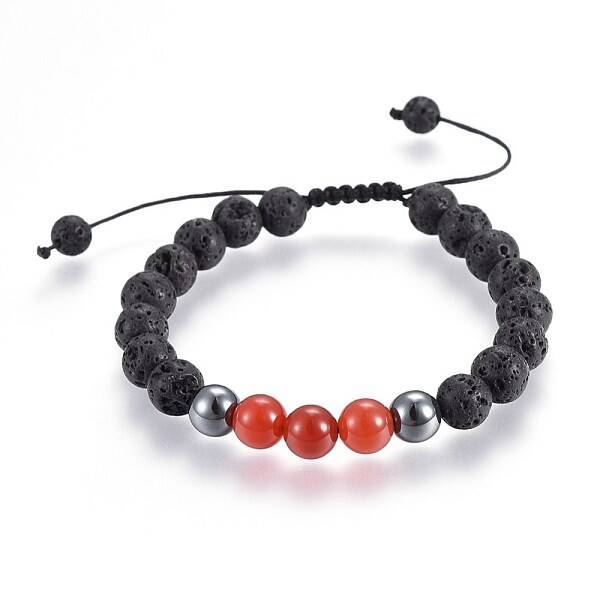 Natural Lava Rock and Non-Magnetic Synthetic Hematite Beads Braided Bead Bracelets