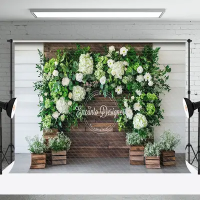 Wooden Wall White Floral Greenery Spring Backdrop - Aperturee
