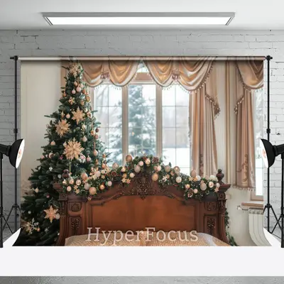 Curtain Wooden Bed Tree Window Christmas Backdrop - Aperturee