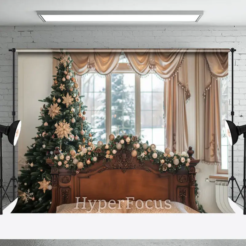Curtain Wooden Bed Tree Window Christmas Backdrop - Aperturee