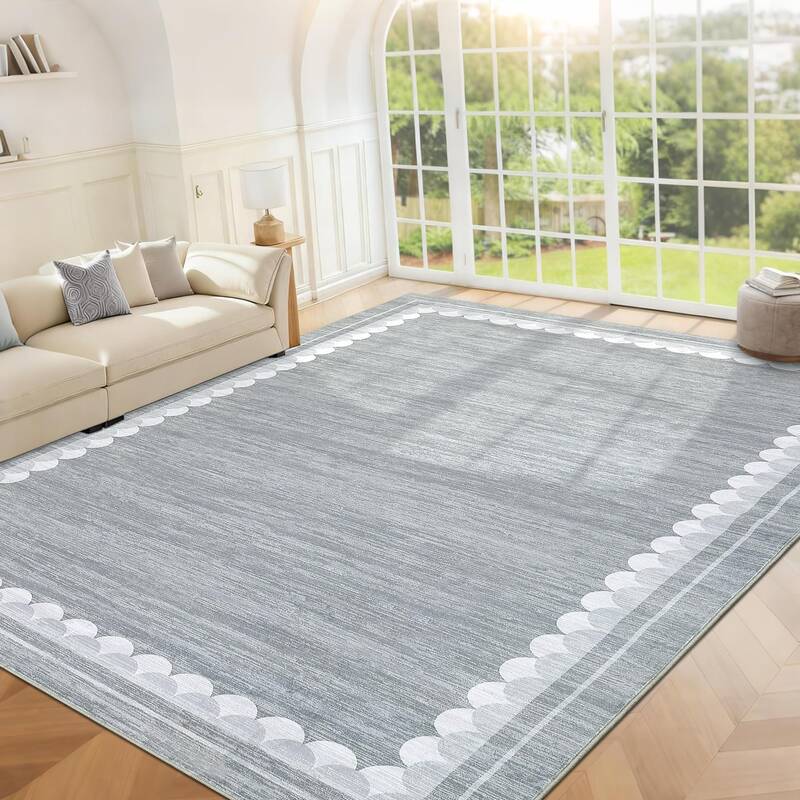 Garvee 9x12 Washable Area Rug - Non-Slip, Stain-Resistant, Soft Polyester, Modern Scalloped Border, Low Pile, Durable for Liv...