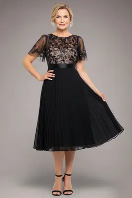 Goddiva Embroidered Top Chiffon Pleated Midi - Black