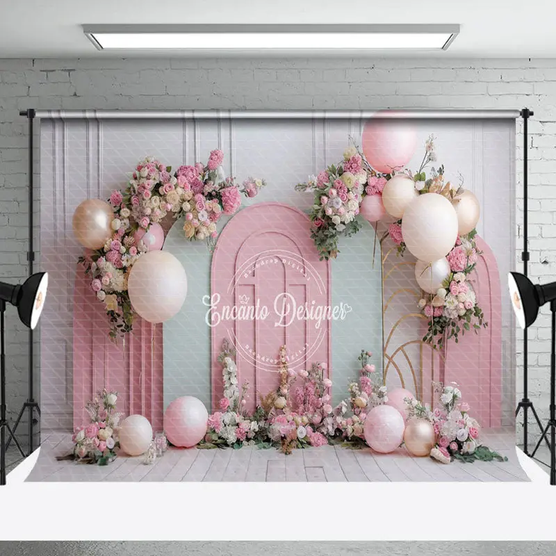 Green Pink Floral Balloons Cake Smash Photo Backdrop - Aperturee