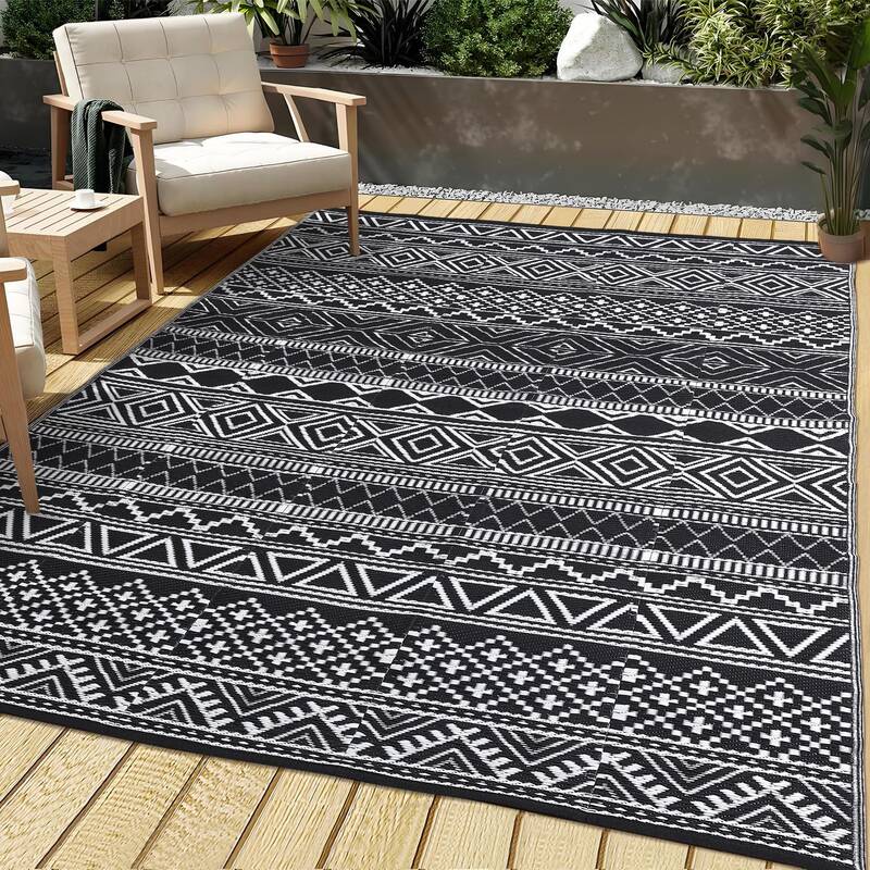 Garvee Outdoor Black & White 10x20 Ultra Large Area Rug, Non-Slip Stain-Resistant Foldable Plastic Outdoor Mat for Camping Pi...