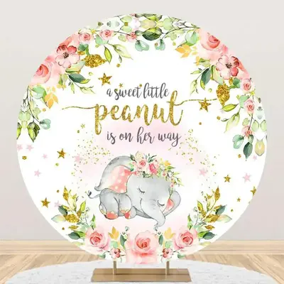 Pink Floral Gold Elephant Round Baby Shower Backdrop - Aperturee