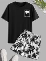 Men's Floral Print Tee & Shorts Set, Regular Fit Casual Short Sleeve T-shirt & Shorts, Men's Summer Clothes for Beach Vacatio...