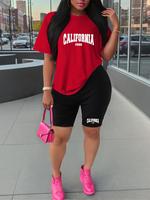 Two-Piece Set Women's Letter Print Tee & Skinny Shorts, Casual Round Neck Short Sleeve T-shirt & Track Shorts for Daily Wear,...
