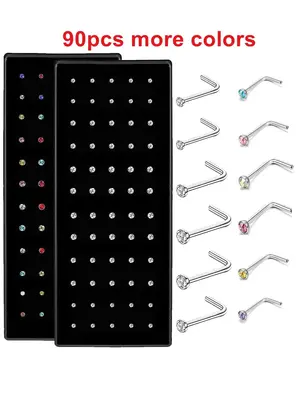 Random Color Rhinestone Decor Nose Studs (90pcs), Stainless Steel Nose Ring, Punk Style Nose Piercing Jewelry for Men & Women