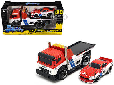 JDM Flatbed Truck 46 Red and White with Blue Stripes and 1972 Datsun 240Z 46 Red and White with Blue Stripes \