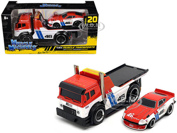 JDM Flatbed Truck 46 Red and White with Blue Stripes and 1972 Datsun 240Z 46 Red and White with Blue Stripes \