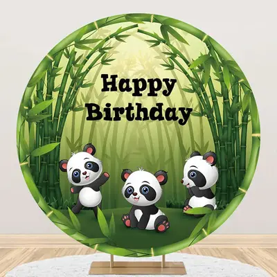Round Green Bamboo Forest Panda Birthday Backdrop - Aperturee