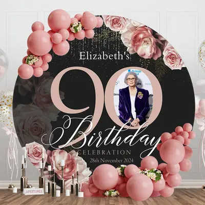 Black Pink Floral Round 90th Birthday Party Backdrop - Aperturee