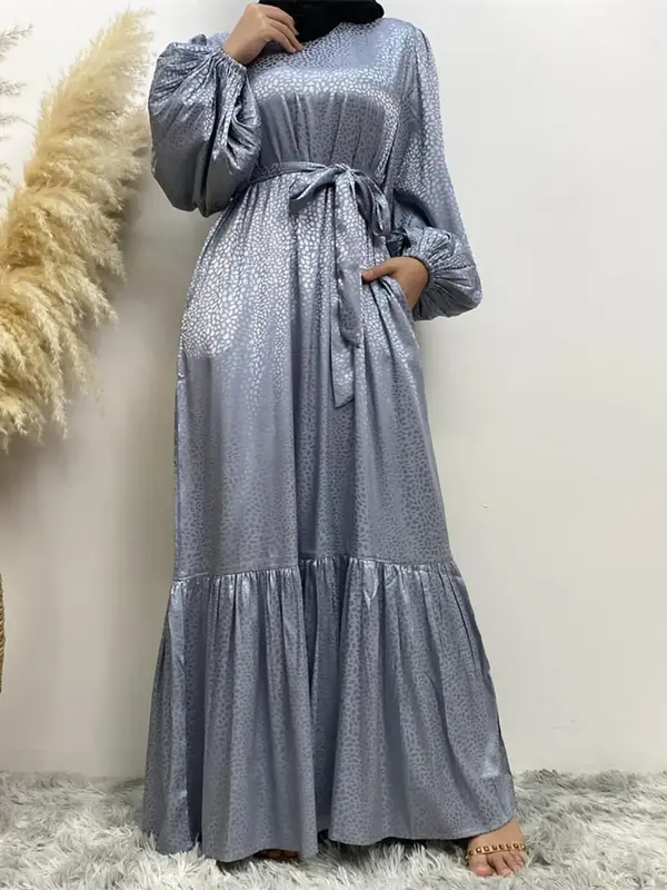 Women's Solid Belted Ruffle Hem Lantern Sleeve Dress, Modest Long Sleeve Round Neck A Line Dress for Party Wedding Guest, Lad...