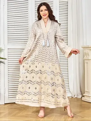 New Middle Eastern Peach Color Muslim Abaya Dress, Dubai Long Sleeve Print Fashion Elegant Gold Embroidery Party Gown