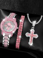 Women's Elegant Fashion Watch & Jewelry Set, Including Round Dial Analog Quartz Watch & Bracelet & Pendant Necklace, Trendy A...