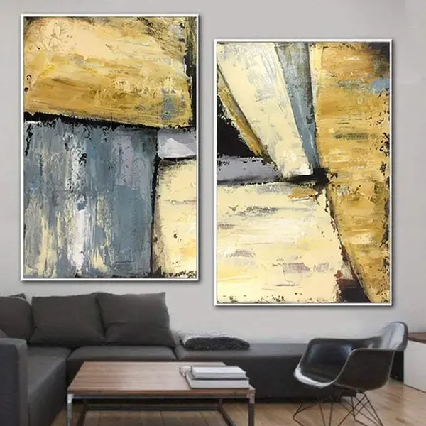 Oversized Set Of 2 Paintings Unique Abstract Gold Leaf Artwork Modern | OPEN HEIGHTS