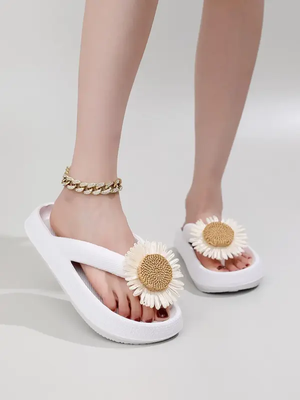 Women's Cute Flower Decorated Platform Slippers, Casual Soft Comfortable Home Slippers, Summer 2024 Non-slip Beach Slippers f...