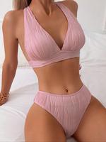 Two-Piece Set Women's Solid Textured Bikini Set, Criss Cross Tie Back Bra & High Cut Panty, Ladies Swimwear for Summer Beach...