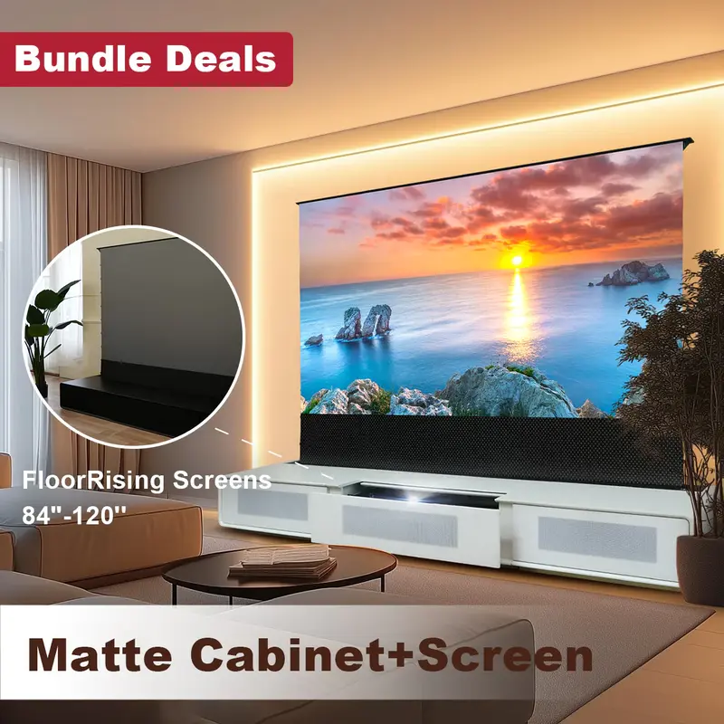 Shore UST Projector Matte Cabinet + Motorized Floor Rising Screen Bundle(Pre-Assembled）