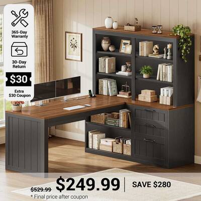 SEDETA 59 Inch Farmhouse Corner Computer Desk Wood Office L Shaped Desk with 3 Drawers 5-Tier Bookshelf Storage Shelves Power...