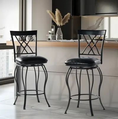 Homy Casa Barstools Set of 2 Black Swivel Barstools with Back, Faux Leather, Kitchen Counter Height Armless Bar Chairs with M...