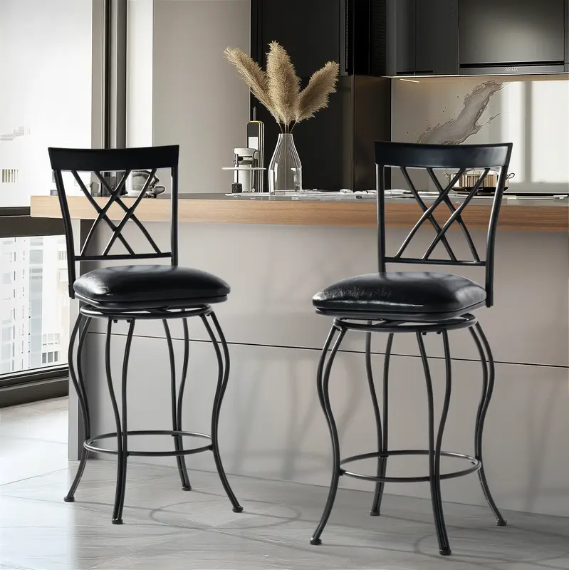 Homy Casa Barstools Set of 2 Black Swivel Barstools with Back, Faux Leather, Kitchen Counter Height Armless Bar Chairs with M...