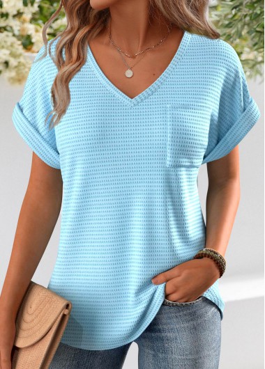 Modlily Light Blue Jacquard Short Sleeve V Neck T Shirt - S