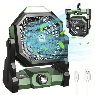 Outdoor Camping Adjustable Fan, Rechargeable Fan with LED Lantern Illumination, Portable 270° Rotation Cooling Fan with Hoo...