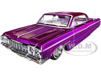 1964 Chevrolet Impala SS Lowrider Candy Purple with Graphics and White Interior Lowriders Maisto Design Series 1/26 Dieca...