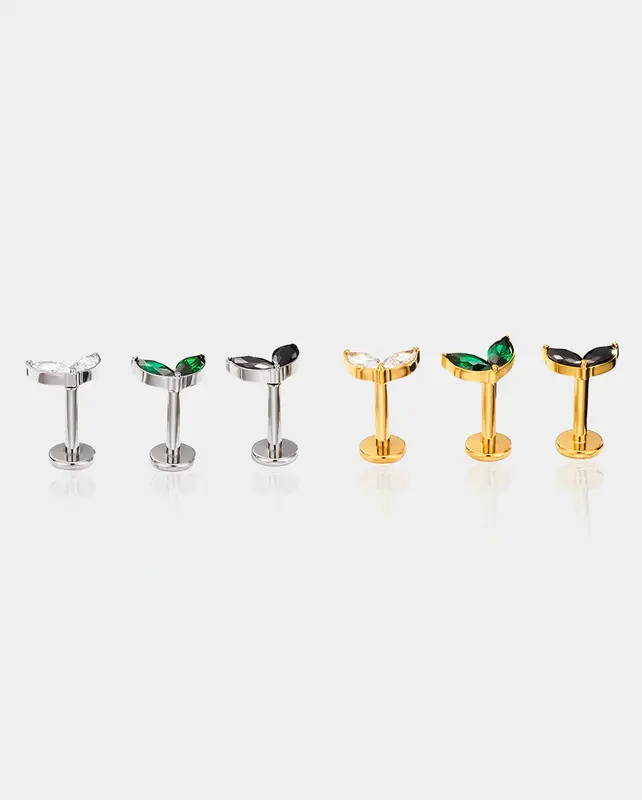 Leaf Threadless Push Pin Helix Stud - Gold / Green