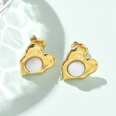 Natural White Jade & Ion Plating(IP) 304 Stainless Steel Heart Stud Earrings