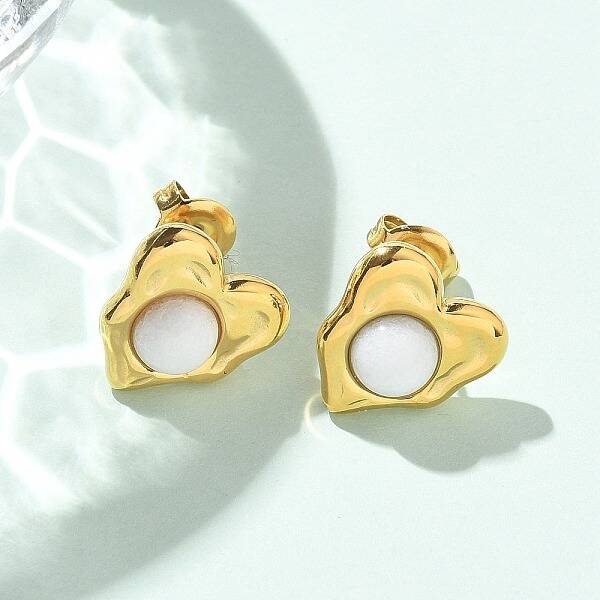 Natural White Jade & Ion Plating(IP) 304 Stainless Steel Heart Stud Earrings