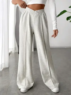 Women's Plain Asymmetrical Elastic Waist Thin Wide Leg Sweatpants, Casual Comfy High Waist Pants for Daily Wear, Ladies' Bott...