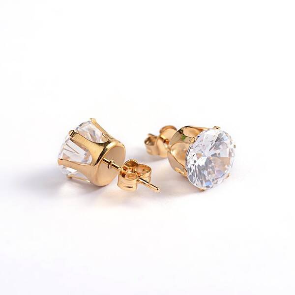 Flat Round 304 Stainless Steel Cubic Zirconia Stud Earrings