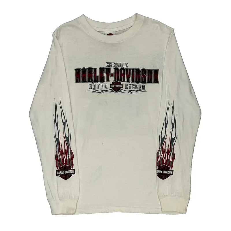 Harley Davidson Graphic Long Sleeve T-Shirt - Small White Cotton