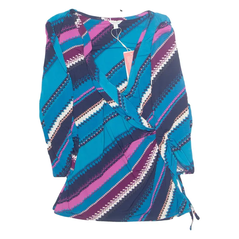 MONSOON Womens Printed Top Blue V-Neck 3/4 Sleeve Crazy Pattern L