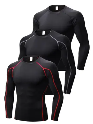 Men's Contrast Binding Round Neck Sports Tee, Quick Drying Breathable Compression T-shirt, Sportswear for Running Training Ba...