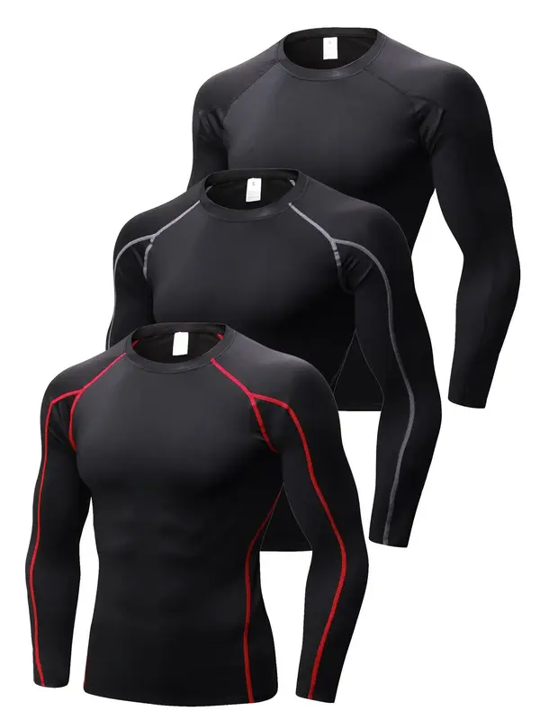 Men's Contrast Binding Round Neck Sports Tee, Quick Drying Breathable Compression T-shirt, Sportswear for Running Training Ba...